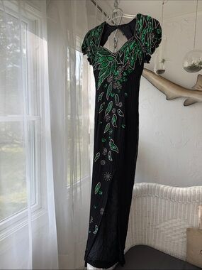 Vintage Black Maxi Dress with Green Sequin Leaf Embellishments